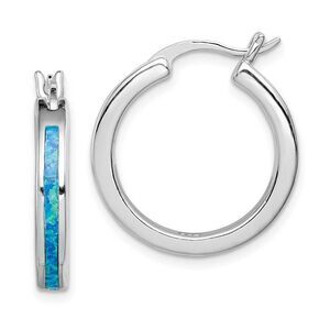 Created Blue Opal Inlay Round Hoop Earrings in Silver, 20mm (3/4 in)